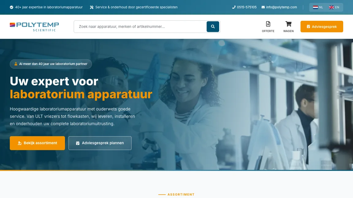 Schermafbeelding van de website: Maatwerk webshop voor Poly Temp Scientific