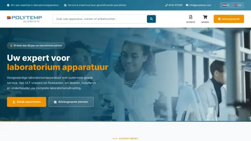 Webshop van Poly Temp Scientific, ontworpen en gebouwd door NJ Visuals
